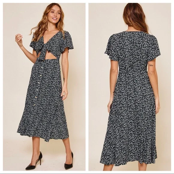 46 Alison Boho Short Sleeve Floral Midi Dress With Tie - Picture 1 of 3